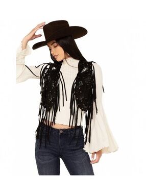 Black Lace and Fringe Western Style Vest by Vocal USA
